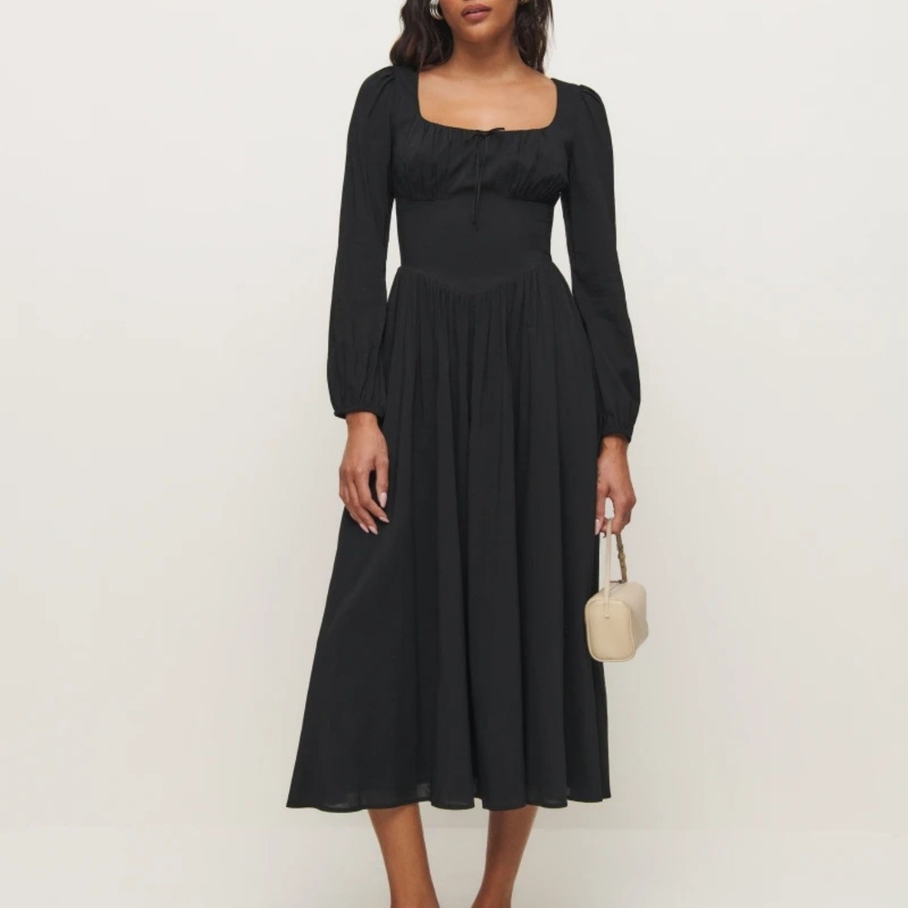Reformation | Oria Organic Cotton Midi Peasant Dress in Black Size 8